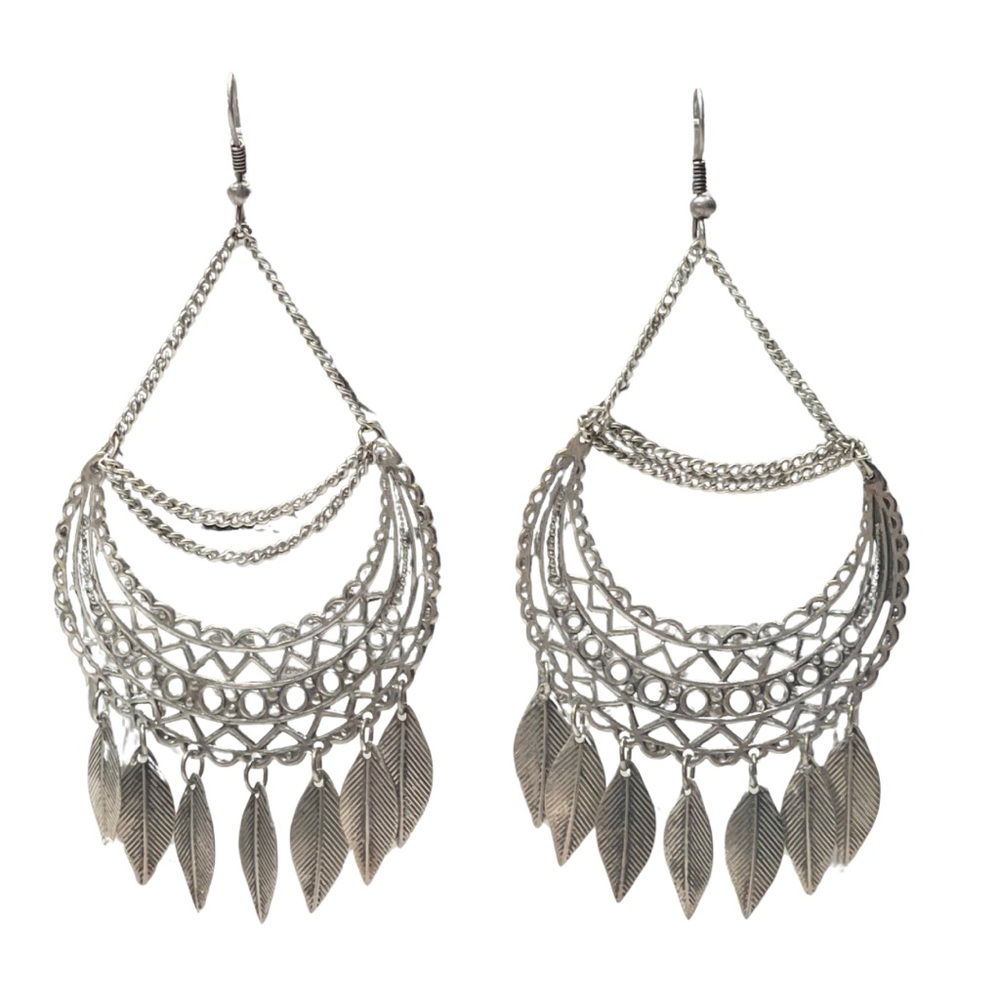 Boho Silver Afghani Chandelier Earrings with Leaf Charms – Tribal Chic